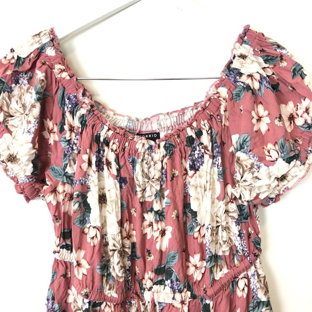 Torrid Off Shoulder Challis Floral Midi Dress Pink - Picture 4 of 6